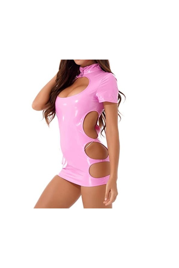 COOKOE Mini robe sexy en PVC et latex avec trou latéral pour femme Effet mouillé