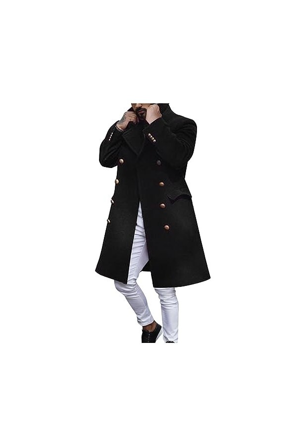 Mymyguoe Hommes Casual Slim Fit Laine Manteau Longue Veste Coupe-vent Manteau Décontracté Col Encoche Trench Coat Simple bout