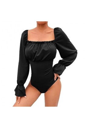 Body string for femme col carré bouffant manches longues body plissé sortie Satin chemises haut Color : Blue, Size : L 