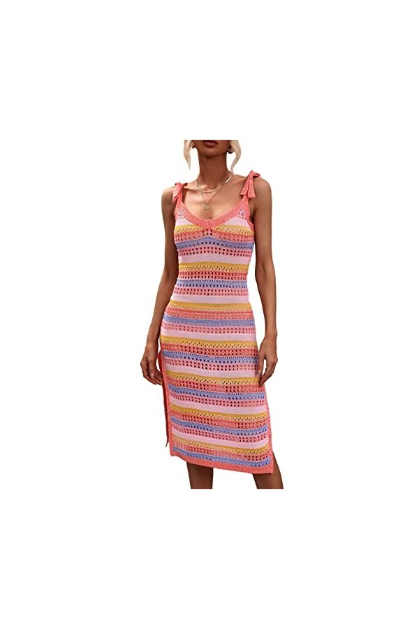 Acrylique Fente Robe Rayé Crochet Halter Robe Pour Femmes Contraste Couleur Crochet Robe De Soirée L 