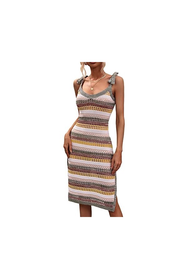 Acrylique Fente Robe Rayé Crochet Halter Robe Pour Femmes Contraste Couleur Crochet Robe De Soirée L 