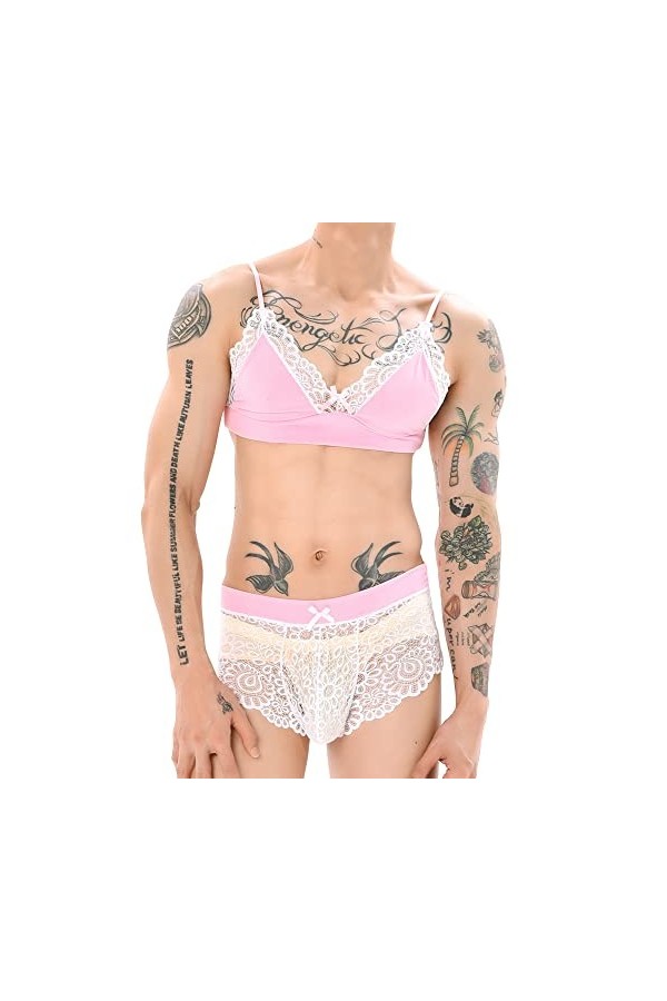 YUFEIDA Sissy Soutien-gorge réglable Mini Bralette Top Boxer en Dentelle Mignon Ensemble de Lingerie pour Homme Transgenre, L