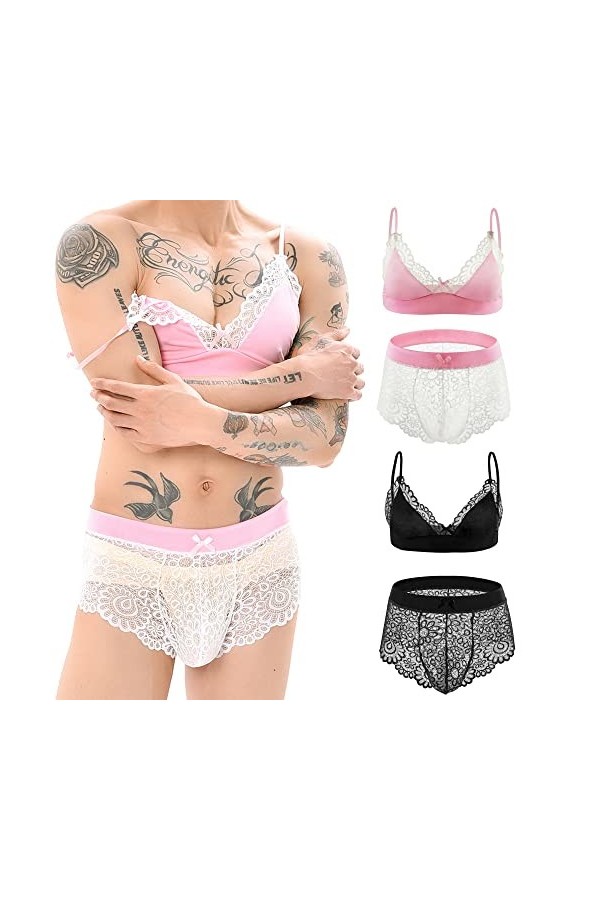 YUFEIDA Sissy Soutien-gorge réglable Mini Bralette Top Boxer en Dentelle Mignon Ensemble de Lingerie pour Homme Transgenre, L