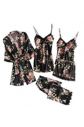 Doublehero Lingerie Sexy Femme Pyjama Robe Dentelle Lingerie Pantalon Sexy Vêtements de Nuit Shorts Satin 5PC Ensemble Intime