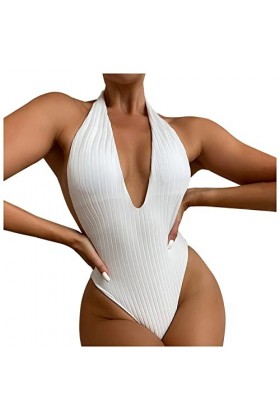 HZYDD Maillot de Bain Licou pour Femme contrôle du Ventre Taille Haute Une pièce Maillot de Bain Couleur Unie vêtements de Pl