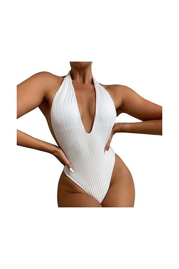 HZYDD Maillot de Bain Licou pour Femme contrôle du Ventre Taille Haute Une pièce Maillot de Bain Couleur Unie vêtements de Pl