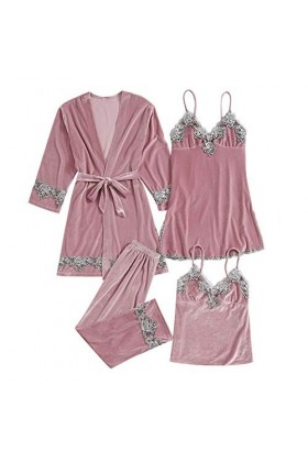 HANXIULIN Pyjama en satin 4 pièces Robe de nuit Femme Sexy Col V Grandes Tailles Jupons Sexy Négligé Uniformes Sous-vêtements