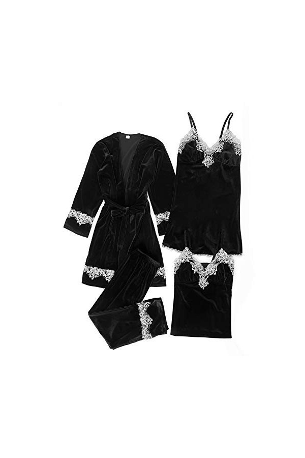 HANXIULIN Pyjama en satin 4 pièces Robe de nuit Femme Sexy Col V Grandes Tailles Jupons Sexy Négligé Uniformes Sous-vêtements