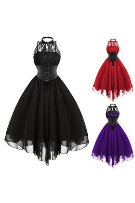 KBOPLEMQ Vêtements médiévaux pour femme - Sans manches - Dentelle - Robe de bal élégante - Robe tunique vintage - Robe de coc