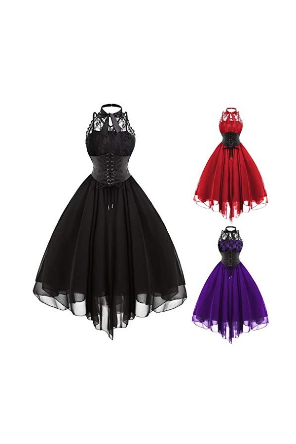 KBOPLEMQ Vêtements médiévaux pour femme - Sans manches - Dentelle - Robe de bal élégante - Robe tunique vintage - Robe de coc