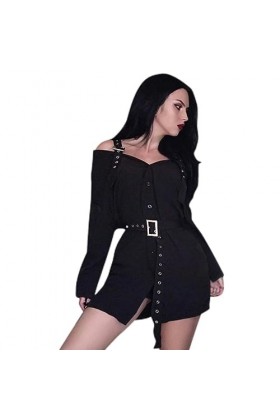 Cou Lick Goth Punk Chemise Robe Femme Au Large des Épaules Streetwear Manches Longues Sexy Club De Fête De Fête-Robe de Chemi