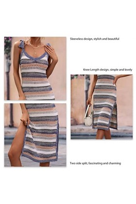 Acrylique Fente Robe Rayé Crochet Halter Robe Pour Femmes Contraste Couleur Crochet Robe De Soirée S 