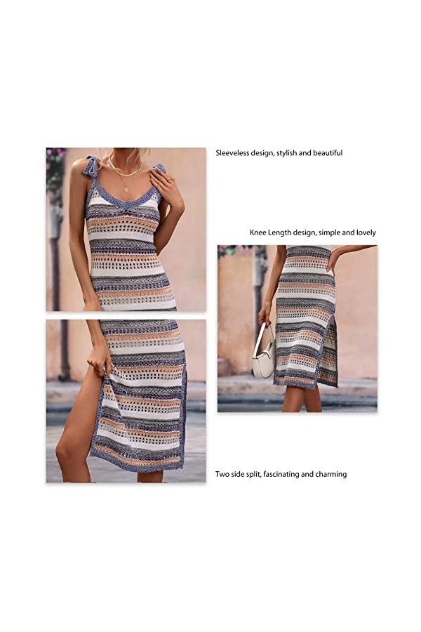 Acrylique Fente Robe Rayé Crochet Halter Robe Pour Femmes Contraste Couleur Crochet Robe De Soirée S 