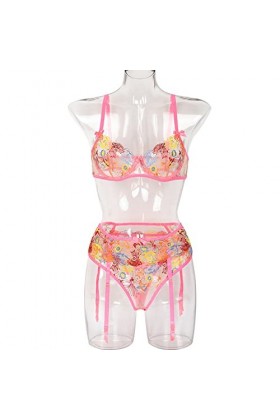 BOMEETSIA sous-vêtements Brodés Sexy pour Femmes, sous-vêtements Froncés Ensemble Trois Pièces, Costume Sexy pour Fille,Rose,