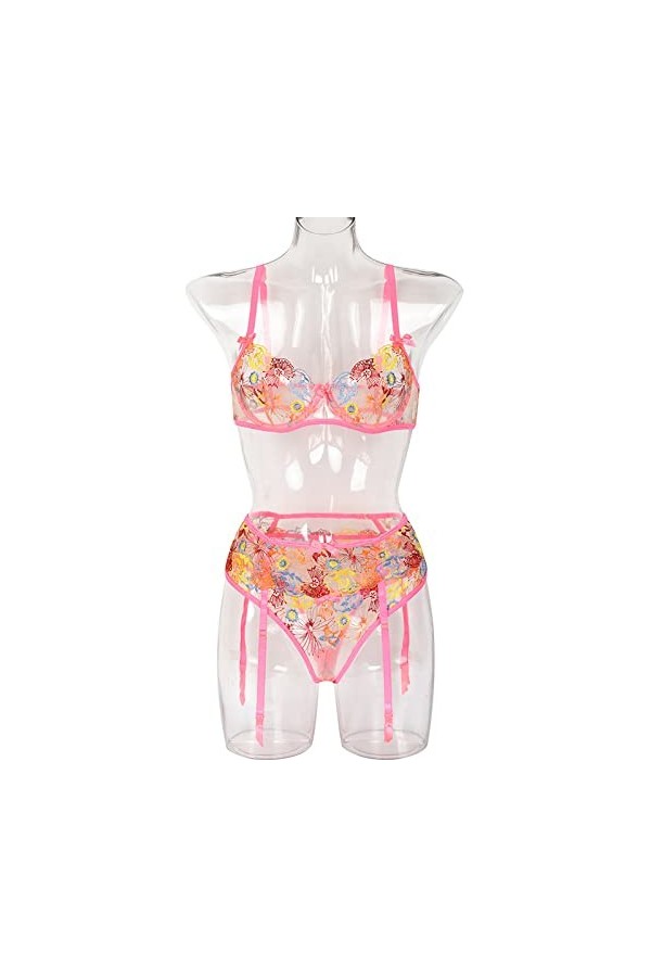 BOMEETSIA sous-vêtements Brodés Sexy pour Femmes, sous-vêtements Froncés Ensemble Trois Pièces, Costume Sexy pour Fille,Rose,