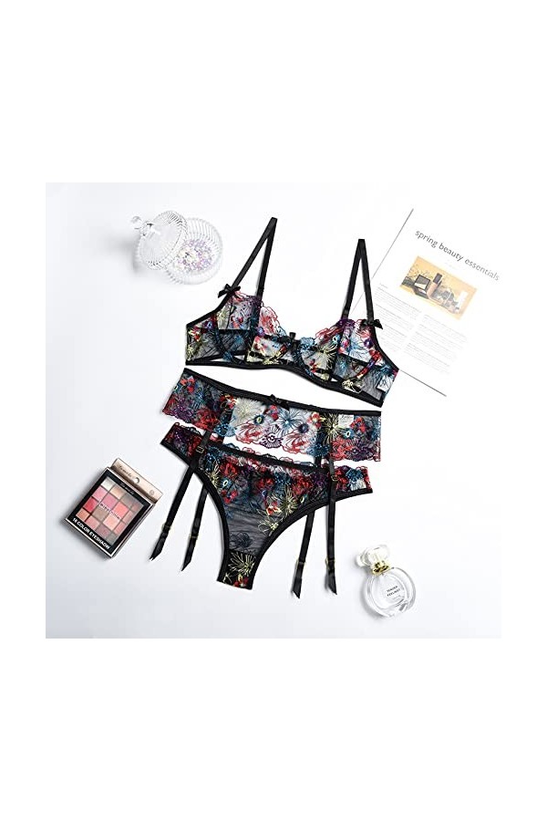 BOMEETSIA sous-vêtements Brodés Sexy pour Femmes, sous-vêtements Froncés Ensemble Trois Pièces, Costume Sexy pour Fille,Rose,