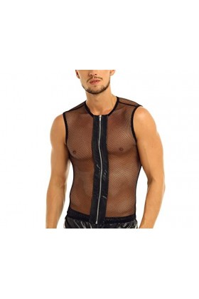 Sous-vêtements brésiliens sexy pour homme - Maille transparente - Fermeture éclair - Débardeur sexy pour soirée gay, Noir , L