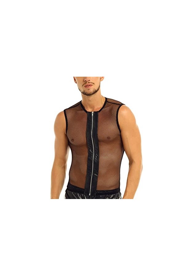 Sous-vêtements brésiliens sexy pour homme - Maille transparente - Fermeture éclair - Débardeur sexy pour soirée gay, Noir , L
