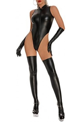 FEOYA Tenue Sexy Catsuit Ensemble Bodys Femmes en Cuir Sexy Gants et Bottes Hauteur du Genoux Combinaison Justaucorps Cuir Ve