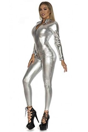 AIEOE Combinaisons pour femme avec fermeture éclair brillante Catsuit Costume Vêtement de nuit Halloween Noël Argenté