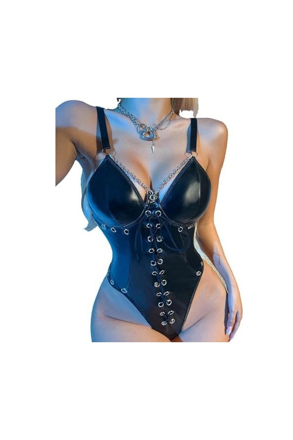 DAGIN Body une pièce en cuir PU pour femmes, Lingerie à bretelles, Teddy contrasté, Sexy à armatures Color : Noir, Size : L 