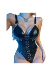 DAGIN Body une pièce en cuir PU pour femmes, Lingerie à bretelles, Teddy contrasté, Sexy à armatures Color : Noir, Size : L 