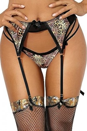 Axami Porte-jarretelles léopard avec nœud en tulle souple, Noir/léopard, L