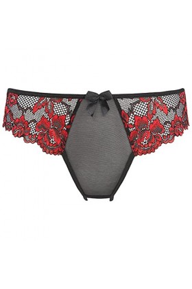 Axami String noir avec fleurs rouges brodées, noir/rouge, S