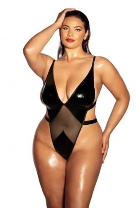 Oh là là Chéri Teddy Limitless Soft Cup High Leg avec vinyle et maille pour femme, noir, 1X/2X