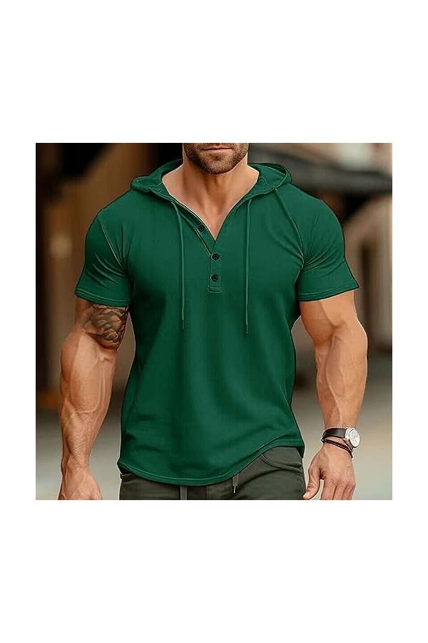 Mode t - Shirt à Capuche Hommes Casual V - Neck Bouton Top à Capuche Hommes été Manches Courtes Pull