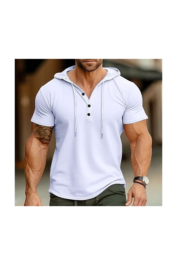 Mode t - Shirt à Capuche Hommes Casual V - Neck Bouton Top à Capuche Hommes été Manches Courtes Pull