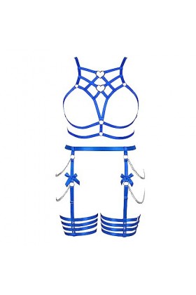 JMMHSS Plus Size femmes bretelles Goth full cage évidée lacets soutien - gorge ceinture punk costume set Bleu ciel 