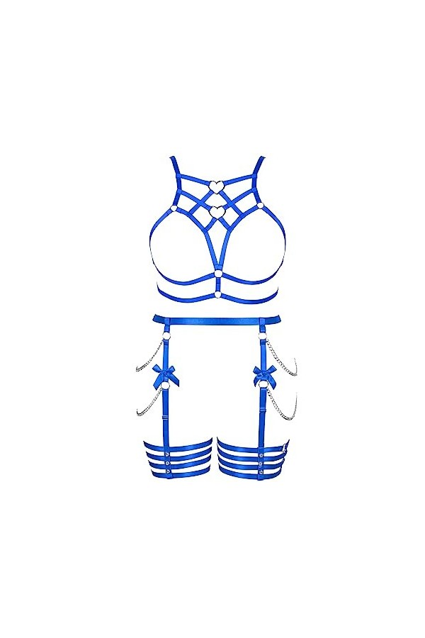 JMMHSS Plus Size femmes bretelles Goth full cage évidée lacets soutien - gorge ceinture punk costume set Bleu ciel 