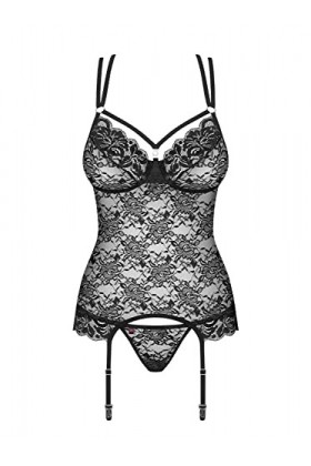 Selente Love & Fun Ensemble toride 3 pièces: guêpière, String et Bandeau pour Les Yeux en Satin, Noir Transparent Dentelle, S
