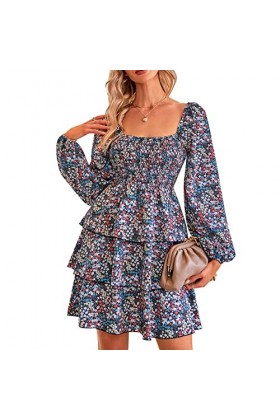DAUZ Robe Taille Haute, Col carré imprimé Floral Robe Respirante à Plusieurs Niveaux Régulière pour Les Vacances pour Flirter