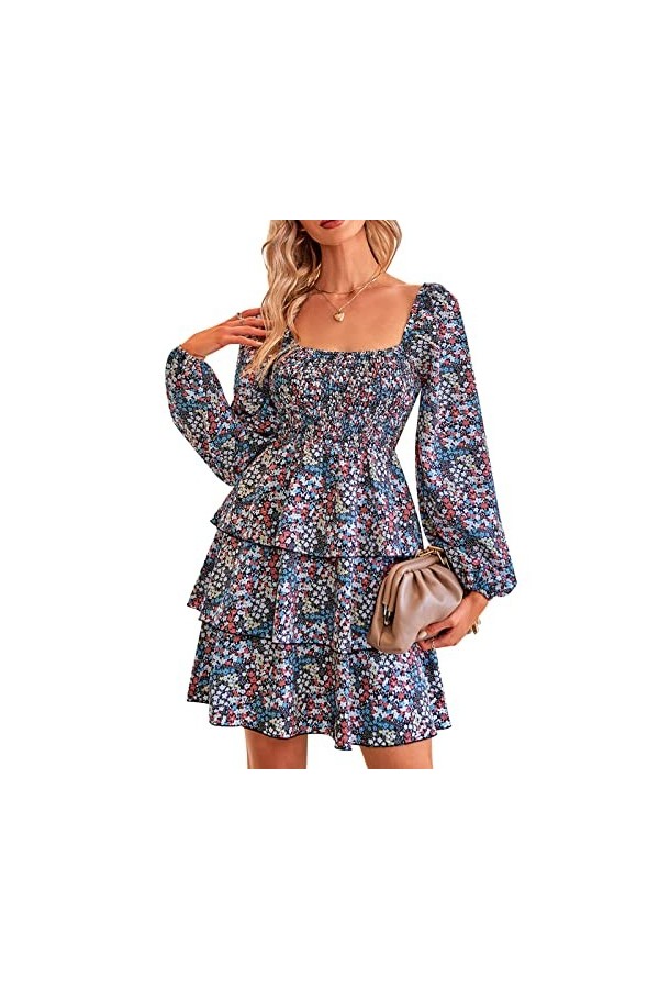 DAUZ Robe Taille Haute, Col carré imprimé Floral Robe Respirante à Plusieurs Niveaux Régulière pour Les Vacances pour Flirter