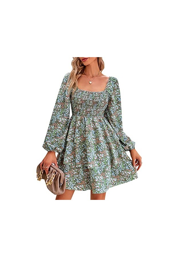 DAUZ Robe Taille Haute, Col carré imprimé Floral Robe Respirante à Plusieurs Niveaux Régulière pour Les Vacances pour Flirter