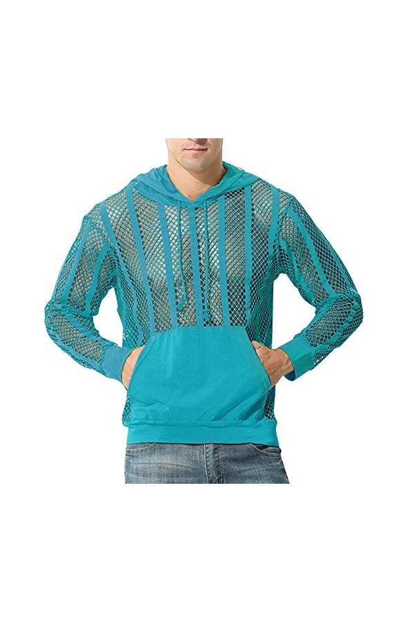 Male Sexy Party Hollow Mesh Hoodies Solide Manches Longues Poche À Capuche Blouse Grands Sweats Capuche pour Hommes Blue, XL