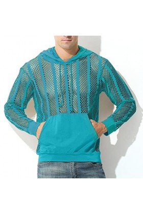 Male Sexy Party Hollow Mesh Hoodies Solide Manches Longues Poche À Capuche Blouse Grands Sweats Capuche pour Hommes Blue, XL