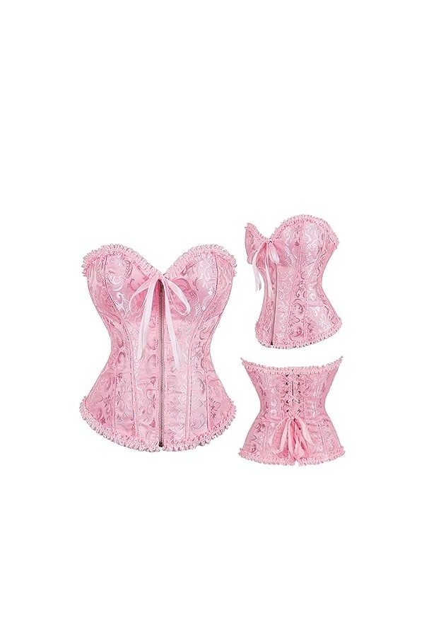 Rfmfkkg Femmes Jacquard Floral Overbust Corset Avant Fermeture Éclair Élégante Taille Bustier Top Corselet Korset, Noir , XS