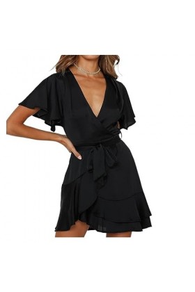 Summer V-Neck Ruffle Women Dress Mini Sexy A-Line Dress Beach Sundress Color : Svart, Taille : XL 
