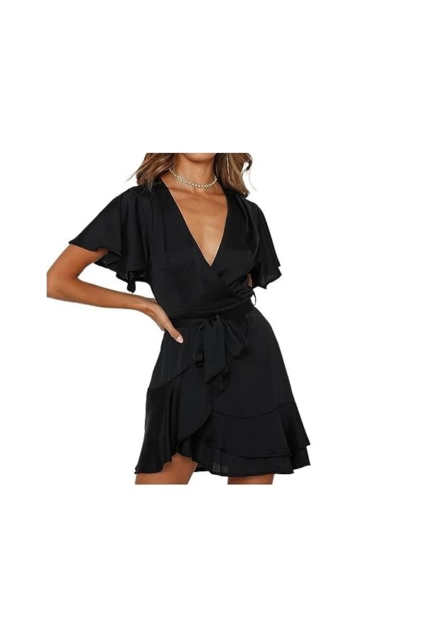 Summer V-Neck Ruffle Women Dress Mini Sexy A-Line Dress Beach Sundress Color : Svart, Taille : XL 
