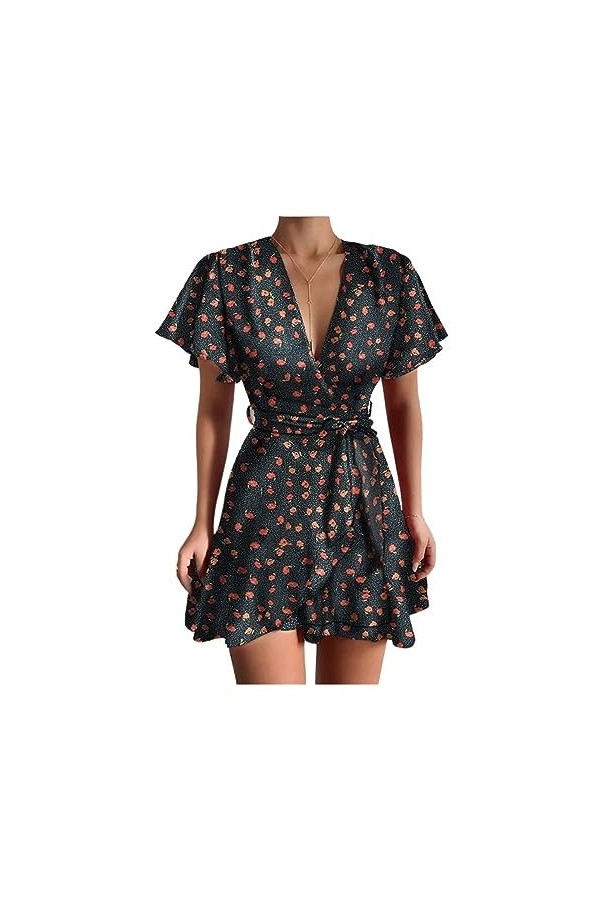 Summer V-Neck Ruffle Women Dress Mini Sexy A-Line Dress Beach Sundress Color : Svart, Taille : XL 