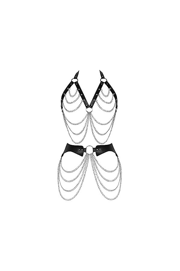 Femmes Body Strap Punk Leather Bra Set Complet ajouré Garter Ceinture Gothique Carnaval Halloween Prom Costume Blanc 