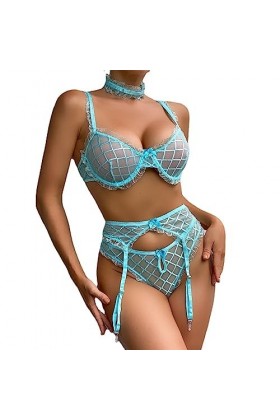 LatexLingerie Sexuelle Fun big Mesh rassemblé Nouveau Manche de Bande Ensemble Quatre pièces, Bleu Ciel, L