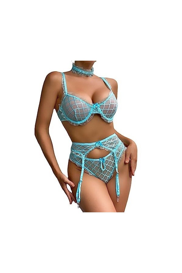 LatexLingerie Sexuelle Fun big Mesh rassemblé Nouveau Manche de Bande Ensemble Quatre pièces, Bleu Ciel, L