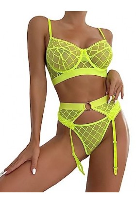 NoëlLingerie érotique Mesh Couture Confortable Sexy Ceinture Sceau Trois pièces, Jaune, M