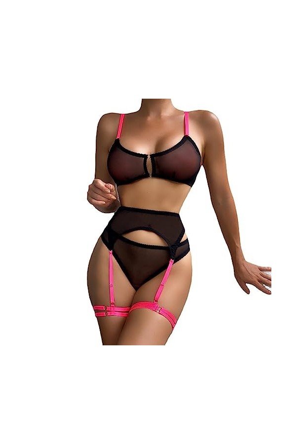 La grilleEnsemble de Lingerie Sexy Maille de Contraste Ensemble Trois pièces rassemblé, Rose Noir, M