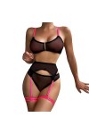 La grilleEnsemble de Lingerie Sexy Maille de Contraste Ensemble Trois pièces rassemblé, Rose Noir, M