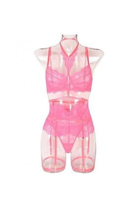 ​​Lingerie Femmes Body Été Transparent Cils Dentelle Splicing Avec Choker Leg Loops Femmes Sous-Vêtements Ensemble-Rose-3054,